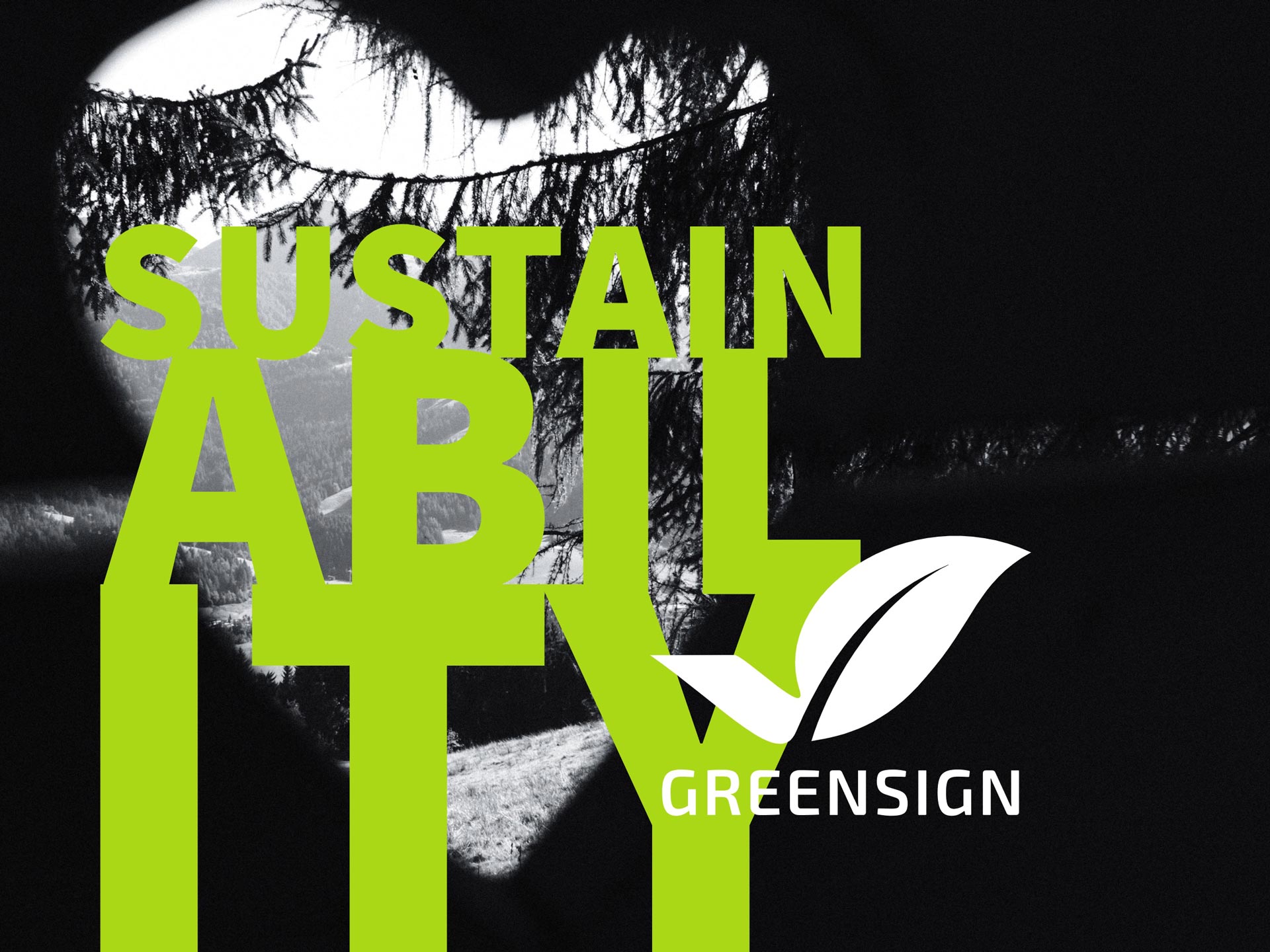 Grafik mit "Sustainability"-Schriftzug und GreenSign-Logo über Berglandschaft