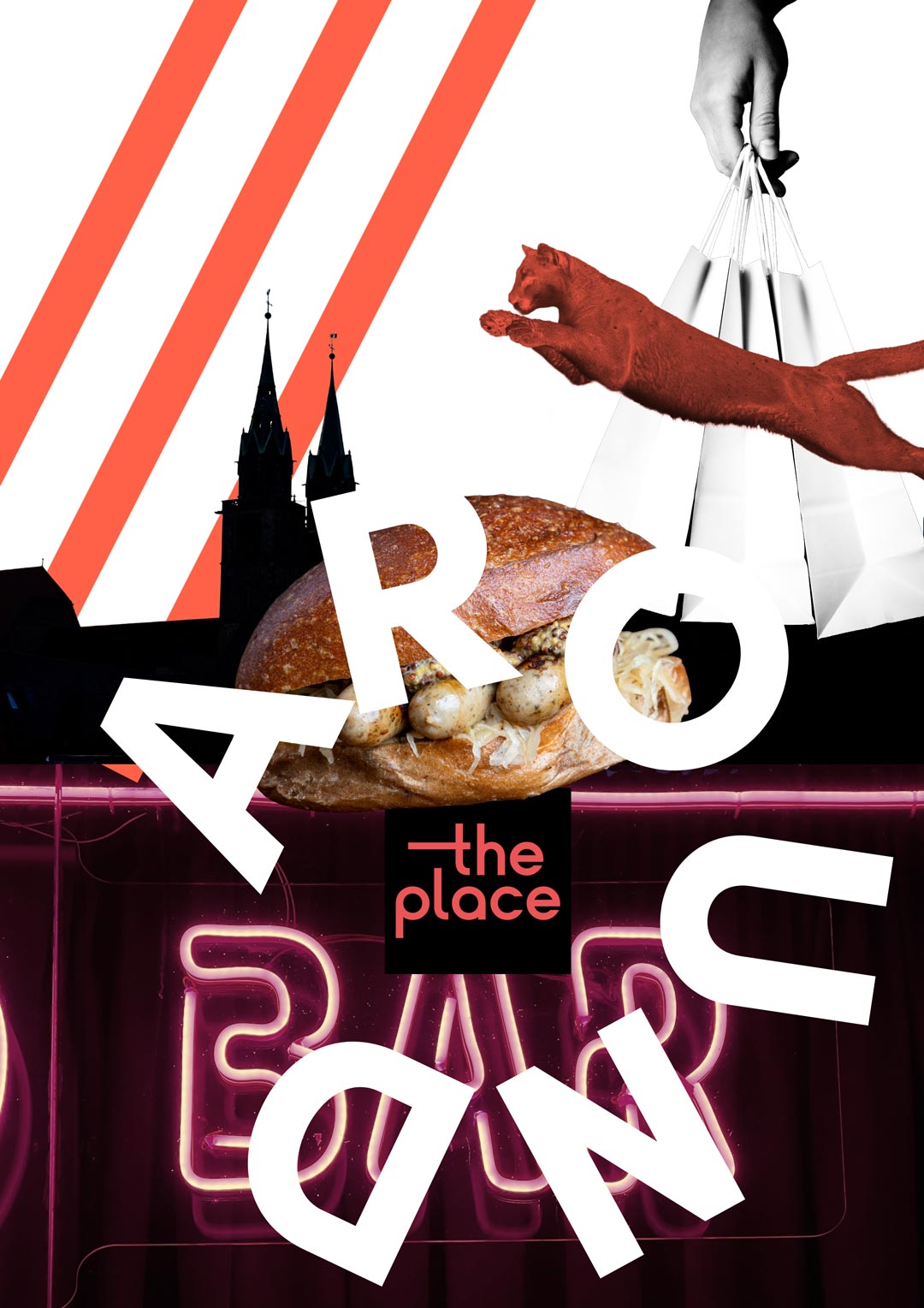 Collage mit Kirchturm, Bratwurstsemmel, Katzenmotiv und Schriftzug "Around"