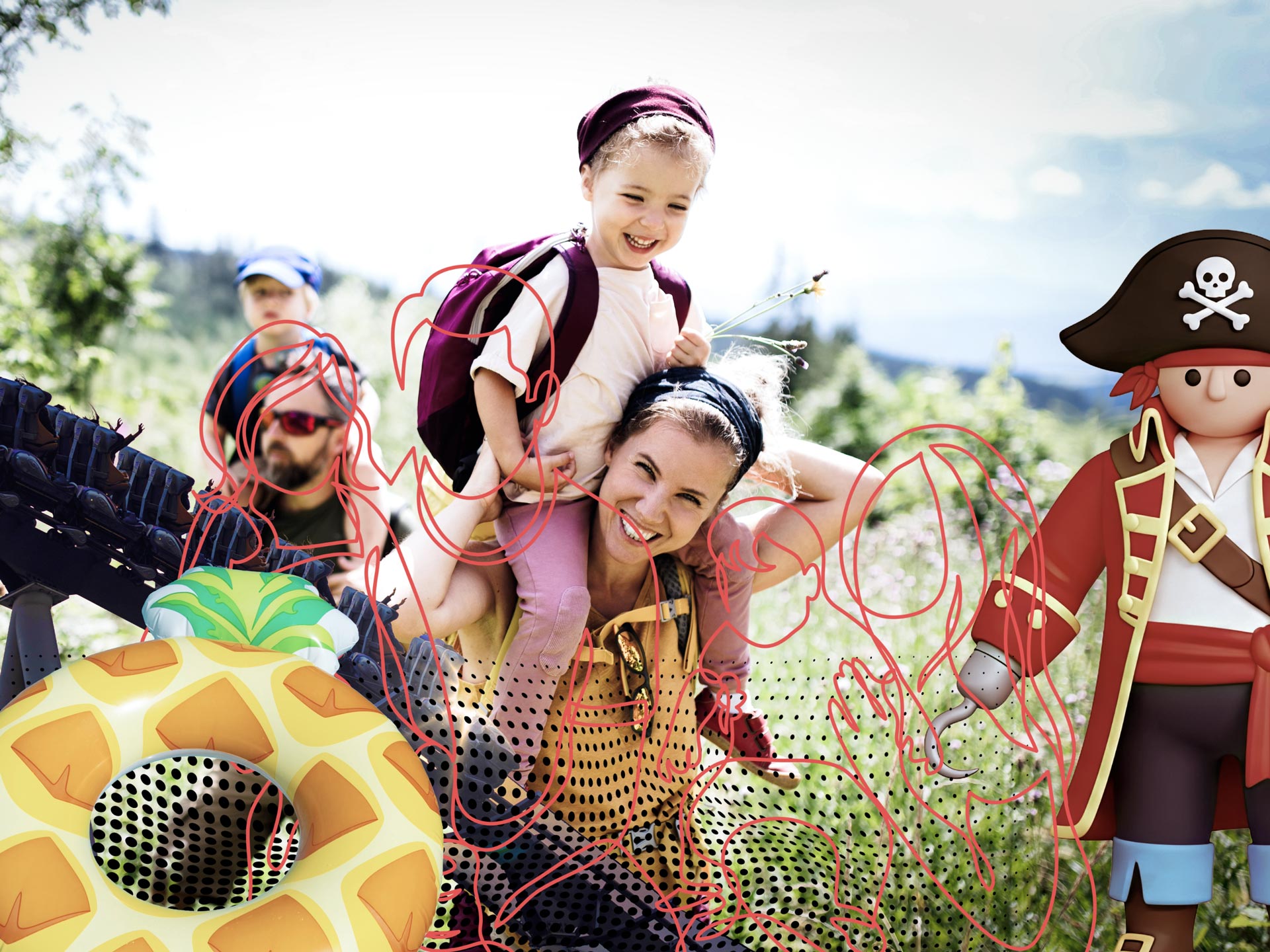 Collage aus Familienwanderung, Ananas-Schwimmring und Piratenfigur mit grafischen Elementen
